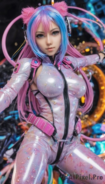 1girl,solo,long hair,breasts,looking at viewer,smile,blue eyes,large breasts,animal ears,brown eyes,medium breasts,blue hair,tail,pink hair,multicolored hair,shiny,cat ears,blurry,two-tone hair,lips,grey eyes,bodysuit,headphones,outstretched arms,skin tight,zipper,science fiction,shiny clothes,realistic,spread arms,cable,white bodysuit,wet