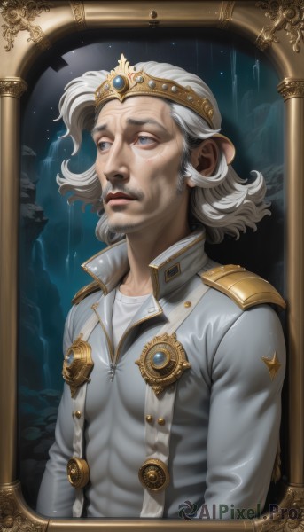 solo,blue eyes,shirt,1boy,jacket,white shirt,upper body,white hair,grey hair,male focus,parted lips,lips,muscular,facial hair,abs,crown,beard,high collar,realistic,mustache,looking afar,manly,old,old man,constellation,sky,uniform,military,military uniform,night,tiara,gem,star (sky)