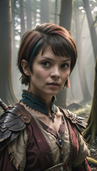 1girl,solo,breasts,looking at viewer,short hair,brown hair,brown eyes,jewelry,closed mouth,collarbone,upper body,weapon,outdoors,choker,necklace,armor,blurry,tree,lips,blurry background,shoulder armor,nature,forest,freckles,pauldrons,realistic,nose,shoulder pads,dirty,dirty face,black hair,multicolored hair,sword,black eyes,streaked hair