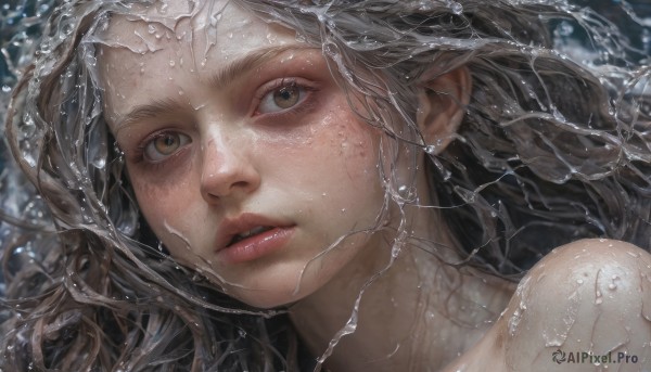 1girl,solo,long hair,looking at viewer,brown hair,brown eyes,grey hair,parted lips,teeth,water,lips,wet,eyelashes,portrait,close-up,freckles,realistic,nose,bare shoulders,blurry,floating hair,water drop