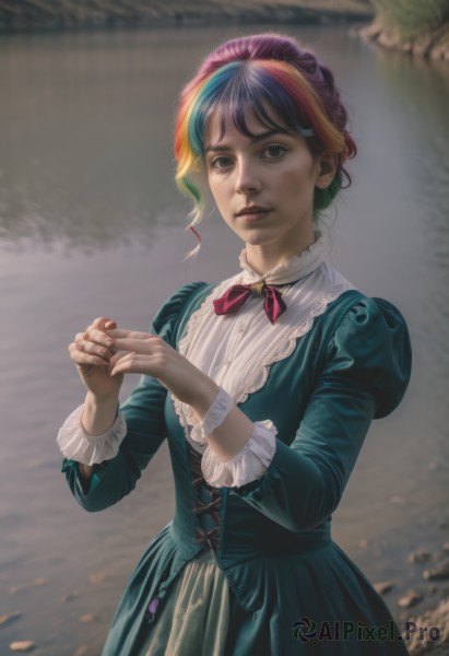 1girl,solo,looking at viewer,short hair,blue eyes,blonde hair,long sleeves,dress,ribbon,jewelry,standing,upper body,pink hair,purple hair,multicolored hair,frills,parted lips,puffy sleeves,blurry,two-tone hair,lips,streaked hair,hands up,blurry background,blue dress,own hands together,juliet sleeves,corset,puffy long sleeves,green dress,realistic,nose,fine art parody,aqua dress,rainbow hair,bangs,blue hair,outdoors,makeup,watermark,ring,rainbow