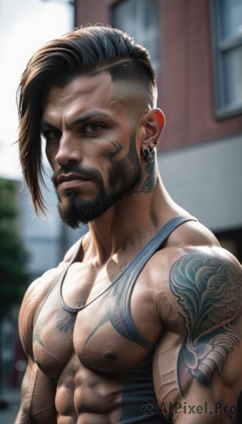 solo,looking at viewer,short hair,black hair,1boy,jewelry,nipples,upper body,male focus,earrings,outdoors,day,necklace,blurry,tattoo,muscular,blurry background,facial hair,piercing,abs,tank top,pectorals,muscular male,bara,beard,large pectorals,veins,mature male,realistic,nose,mustache,arm tattoo,manly,bare pectorals,shoulder tattoo,undercut,white tank top,chest hair,biceps,chest tattoo,mohawk,closed mouth,dark skin,scar,dark-skinned male,ear piercing,scar on face