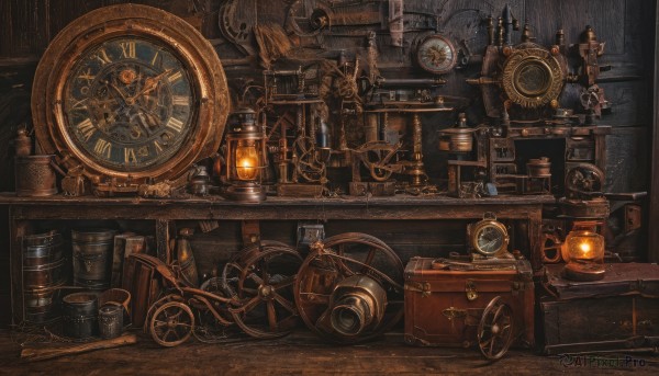 indoors,no humans,scenery,lantern,stairs,clock,bucket,gears,ladder,barrel,industrial pipe,wheel,steampunk,crate,solo,hat,chain,top hat,wooden floor,fantasy,lamp,dark,jar,roman numeral