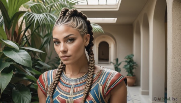 1girl,solo,long hair,looking at viewer,smile,brown hair,black hair,brown eyes,jewelry,upper body,braid,multicolored hair,earrings,sleeveless,indoors,dark skin,blurry,twin braids,two-tone hair,dark-skinned female,lips,window,plant,freckles,realistic,nose,door,potted plant,multiple braids,closed mouth,leaf,piercing,portrait,dreadlocks