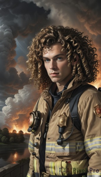 solo,looking at viewer,blue eyes,blonde hair,brown hair,1boy,jacket,upper body,male focus,outdoors,sky,belt,cloud,signature,dark skin,water,uniform,lips,military,military uniform,cloudy sky,fire,smoke,freckles,curly hair,realistic,nose,badge,afro,1girl,long hair,vest,watermark,serious,watercraft,explosion