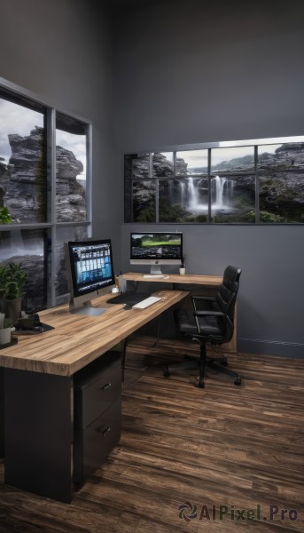 sky,cloud,indoors,tree,book,no humans,window,chair,table,cloudy sky,plant,building,scenery,desk,wooden floor,paper,lamp,computer,monitor,keyboard (computer),office chair,mouse (computer),office,water,curtains,mountain,bookshelf,pen,cityscape,drawing,stylus,drawing tablet