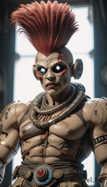 solo,1boy,nipples,upper body,male focus,red hair,teeth,belt,muscular,glowing,abs,glowing eyes,science fiction,topless male,android,cable,facepaint,bald,no pupils,cyborg,mohawk,looking at viewer,window,white eyes,alien