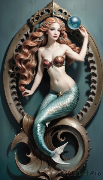 1girl,solo,long hair,breasts,looking at viewer,blue eyes,brown hair,hair ornament,navel,cleavage,bare shoulders,jewelry,medium breasts,collarbone,swimsuit,full body,bikini,red hair,small breasts,orange hair,lips,fingernails,wavy hair,monster girl,bubble,underwater,red lips,scales,mermaid,head fins,shell,orb,sitting,braid,earrings,parted lips,midriff,artist name,strapless,makeup,watermark,lipstick,bikini top only,fish,curly hair