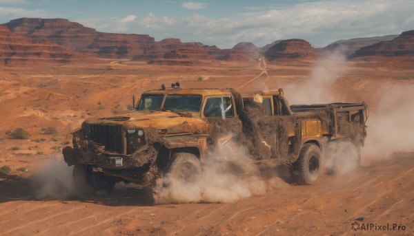 outdoors,sky,day,cloud,military,no humans,ground vehicle,scenery,motor vehicle,smoke,mountain,sand,military vehicle,car,tank,vehicle focus,desert,dust,truck,dust cloud,blue sky,driving