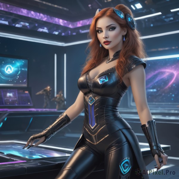 1girl,solo,long hair,breasts,looking at viewer,smile,blue eyes,brown hair,hair ornament,gloves,cleavage,jewelry,medium breasts,standing,cowboy shot,earrings,parted lips,solo focus,black gloves,pants,indoors,fingerless gloves,necklace,nail polish,orange hair,armor,blurry,lips,bodysuit,makeup,blurry background,black pants,lipstick,science fiction,realistic,nose,red lips,holographic interface,hologram,red hair,sleeveless,artist name,fingernails,headgear,black nails,eyeshadow,black bodysuit,monitor,neon lights,screen