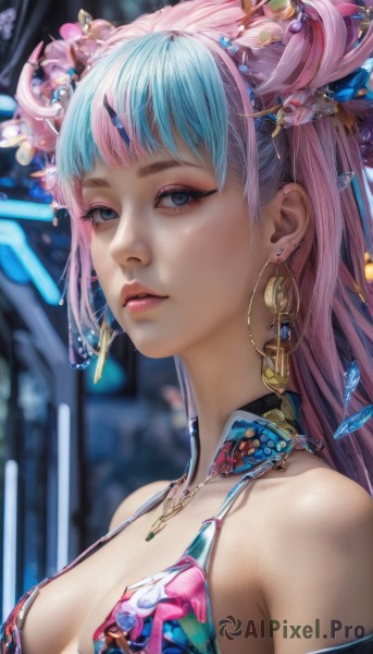 1girl,solo,long hair,breasts,looking at viewer,bangs,blue eyes,hair ornament,cleavage,bare shoulders,jewelry,medium breasts,blue hair,swimsuit,upper body,pink hair,bikini,multicolored hair,earrings,parted lips,horns,choker,necklace,blurry,two-tone hair,lips,grey eyes,eyelashes,makeup,blurry background,lipstick,gem,eyeshadow,hair rings,hoop earrings,crystal,realistic,nose,eyeliner,mascara,blue eyeshadow,flower,artist name,hair flower,blunt bangs,hair bun,from side,double bun,piercing,ear piercing,portrait,pink lips,strap gap,gold