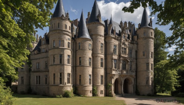 outdoors,sky,day,cloud,tree,blue sky,no humans,window,shadow,cloudy sky,grass,building,nature,scenery,forest,road,bush,castle,tower,path,arch,signature,fantasy,architecture