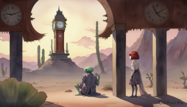 1girl,short hair,skirt,shirt,long sleeves,1boy,sitting,standing,jacket,white shirt,flower,red hair,outdoors,sky,pants,cloud,bag,from behind,black footwear,looking at another,coat,shadow,plaid skirt,bob cut,sunset,mountain,clock,green skin,tower,roman numeral,desert,clock tower,brown hair,holding,green hair,cape,blood,scenery