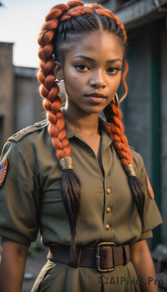 1girl,solo,long hair,looking at viewer,shirt,black hair,brown eyes,jewelry,closed mouth,upper body,braid,short sleeves,red hair,multicolored hair,earrings,outdoors,belt,dark skin,orange hair,mole,blurry,uniform,black eyes,twin braids,two-tone hair,dark-skinned female,lips,military,mole under eye,military uniform,blurry background,freckles,realistic,nose,brown belt,brown shirt,multiple braids,parted lips,collared shirt,artist name,buttons,piercing,thick eyebrows,forehead,buckle,belt buckle,dreadlocks