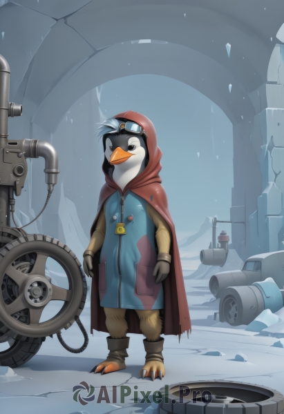 solo,gloves,1boy,standing,full body,male focus,hood,cape,bird,goggles,ground vehicle,cloak,motor vehicle,furry,brown gloves,zipper,goggles on head,furry male,motorcycle,penguin,beak,looking at viewer,no humans,claws,red cape,ruins,animal focus,whistle,industrial pipe,rubble,wheel