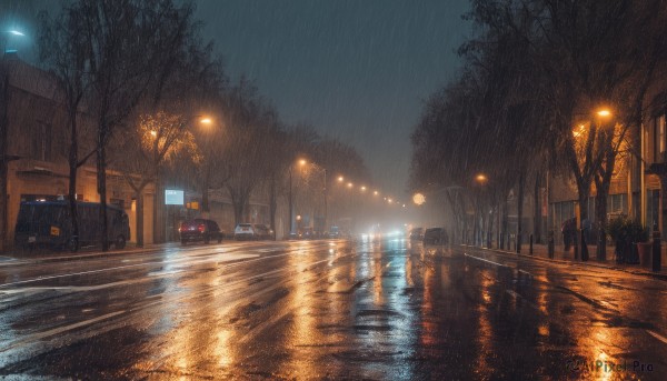 outdoors,sky,water,tree,dutch angle,no humans,night,ground vehicle,building,night sky,scenery,motor vehicle,reflection,rain,city,sign,car,light,road,lamppost,bare tree,street,puddle,lights,traffic light,people,crosswalk,cloud,signature,wet,window,water drop,pavement,vanishing point,sidewalk