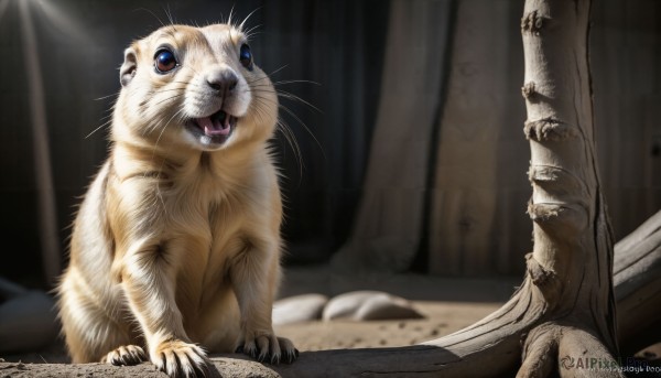 HQ,open mouth,blue eyes,teeth,artist name,indoors,signature,blurry,no humans,bed,animal,fangs,watermark,cat,curtains,web address,claws,realistic,animal focus,whiskers,horror (theme),solo,looking at viewer,deviantart username