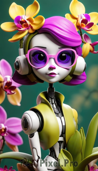 1girl,solo,looking at viewer,smile,short hair,hair ornament,purple eyes,upper body,pink hair,purple hair,flower,heart,glasses,hair flower,vest,lips,makeup,colored skin,headphones,sunglasses,robot,lipstick,green background,android,joints,tinted eyewear,robot joints,blue eyes,nail polish,flat chest,eyelashes,headset,nose,robot ears,pink-framed eyewear,humanoid robot