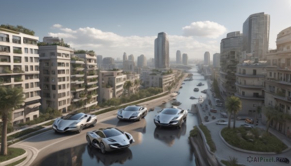 outdoors,sky,day,cloud,water,tree,blue sky,no humans,ground vehicle,building,scenery,motor vehicle,reflection,city,car,road,cityscape,ruins,vehicle focus,street,skyscraper,real world location,sports car