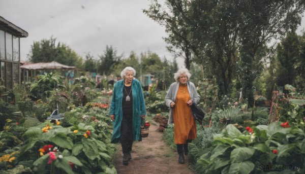 1girl,smile,short hair,shirt,long sleeves,1boy,dress,jewelry,jacket,closed eyes,flower,white hair,grey hair,boots,outdoors,multiple boys,glasses,day,pants,2boys,necklace,bag,black footwear,apron,tree,coat,facial hair,black pants,plant,building,scenery,beard,walking,fence,basket,house,old,old man,blue coat,old woman,garden,multiple girls,2girls,scarf,leaf,realistic,haori,wide shot,orange dress,photo background