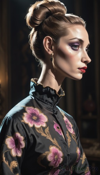 1girl,solo,blue eyes,brown hair,dress,jewelry,closed mouth,upper body,earrings,frills,hair bun,mole,blurry,black dress,from side,lips,eyelashes,mole under eye,profile,makeup,blurry background,floral print,single hair bun,lipstick,eyeshadow,nose,red lips,eyeliner,mascara,updo,breasts,brown eyes,flower,chinese clothes,realistic