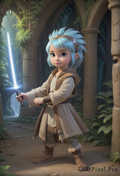 1girl,solo,looking at viewer,short hair,bangs,blue eyes,long sleeves,holding,brown eyes,closed mouth,blue hair,standing,full body,weapon,hairband,boots,outdoors,belt,pants,sword,artist name,hood,holding weapon,lips,coat,glowing,brown footwear,holding sword,hood down,goggles,child,nature,forest,goggles on head,fantasy,pillar,glowing weapon,energy sword,glowing sword,lightsaber,aged down,plant,robe,realistic