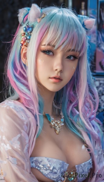 1girl,solo,long hair,breasts,looking at viewer,bangs,blue eyes,large breasts,hair ornament,animal ears,cleavage,jewelry,medium breasts,underwear,blue hair,upper body,pink hair,multicolored hair,earrings,parted lips,open clothes,artist name,cat ears,signature,necklace,bra,blurry,two-tone hair,lips,streaked hair,see-through,eyelashes,gradient hair,makeup,blurry background,facial mark,ring,gem,realistic,nose,mascara,watermark,web address