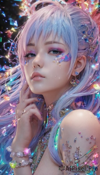 1girl,solo,long hair,looking at viewer,bangs,blue eyes,hair ornament,bare shoulders,jewelry,blue hair,upper body,heart,multicolored hair,earrings,parted lips,hand up,necklace,nail polish,bracelet,lips,eyelashes,makeup,facial mark,ring,lipstick,gem,portrait,armlet,hand on own face,eyeshadow,crystal,pink lips,nose,purple nails,eyeliner,blue gemstone,mascara,pink hair,artist name,from side,two-tone hair,fingernails,grey eyes,sparkle,gradient hair,light particles,pink nails,blue nails,beads,glint,realistic,pearl (gemstone),nail art