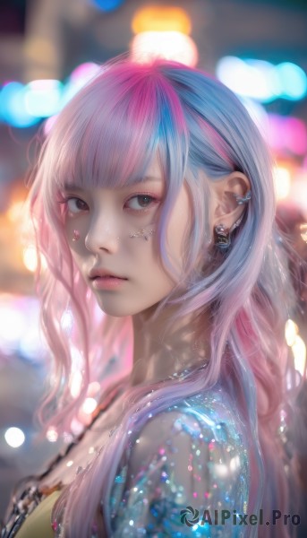 1girl,solo,long hair,looking at viewer,bangs,brown eyes,jewelry,closed mouth,blue hair,upper body,pink hair,multicolored hair,earrings,blunt bangs,necklace,blurry,from side,two-tone hair,lips,looking to the side,makeup,depth of field,blurry background,piercing,ear piercing,realistic,nose,bokeh,artist name,watermark,portrait,web address