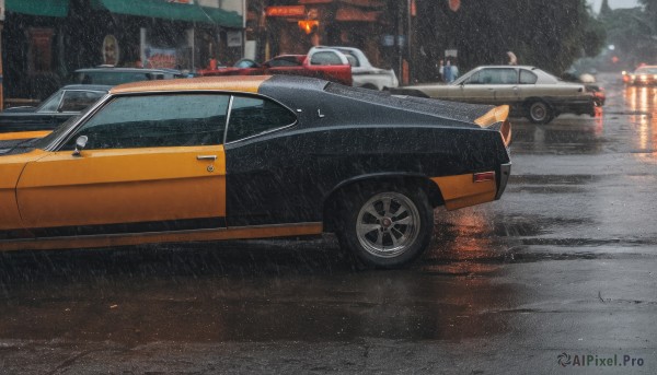 A dynamic view of a motor vehicle in rainy outdoors