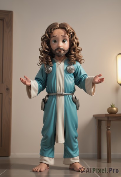 1girl,solo,long hair,looking at viewer,brown hair,long sleeves,1boy,brown eyes,standing,full body,barefoot,belt,indoors,toes,facial hair,chair,table,plant,child,beard,curly hair,pouch,robe,mustache,door,female child,potted plant,lamp,fruit,wide-eyed,realistic