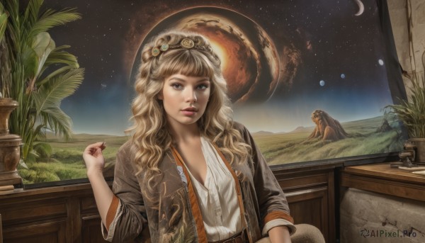 1girl,solo,long hair,looking at viewer,bangs,blue eyes,blonde hair,shirt,hair ornament,jewelry,sitting,jacket,white shirt,upper body,parted lips,open clothes,sky,indoors,blunt bangs,necklace,tree,lips,window,night,animal,wavy hair,moon,table,grass,plant,star (sky),night sky,starry sky,realistic,nose,fantasy,potted plant,space,crescent moon,planet,cactus,breasts,cleavage,brown eyes,belt,leather jacket