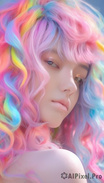 1girl,solo,long hair,looking at viewer,bangs,blue eyes,bare shoulders,closed mouth,blue hair,upper body,pink hair,multicolored hair,looking back,artist name,signature,from behind,lips,eyelashes,wavy hair,half-closed eyes,portrait,realistic,nose,rainbow hair,blurry,watermark,close-up,colorful