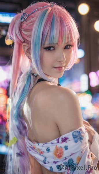 1girl,solo,long hair,looking at viewer,smile,bangs,blue eyes,hair ornament,dress,bare shoulders,jewelry,closed mouth,blue hair,upper body,pink hair,multicolored hair,earrings,japanese clothes,choker,looking back,kimono,off shoulder,blurry,two-tone hair,lips,streaked hair,grey eyes,eyelashes,makeup,depth of field,blurry background,piercing,floral print,realistic,nose,mascara,green eyes,braid,artist name,blunt bangs,from behind,night,back,bare back