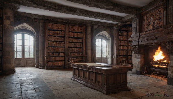 day,indoors,book,no humans,window,chair,table,sunlight,fire,scenery,wooden floor,stairs,door,bookshelf,candle,tile floor,book stack,library,candlestand,fireplace,weapon,sword,fantasy,wall,torch,stone wall