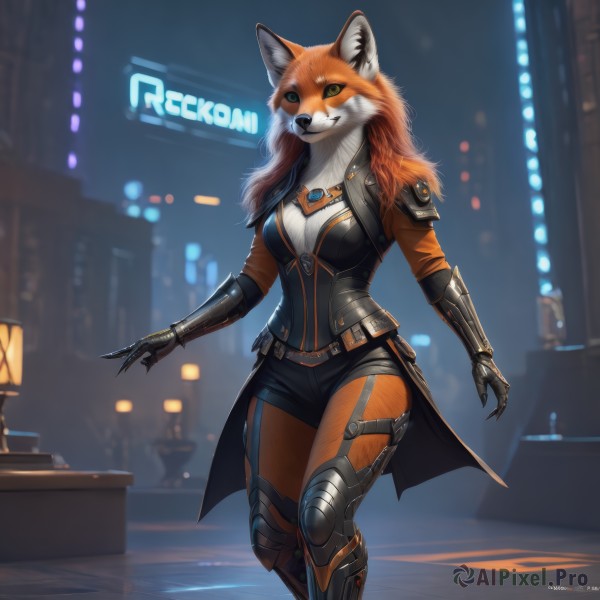 1girl,solo,long hair,breasts,looking at viewer,smile,animal ears,jewelry,medium breasts,green eyes,standing,jacket,tail,yellow eyes,boots,outdoors,shorts,belt,pants,artist name,necklace,orange hair,armor,blurry,fox ears,night,blurry background,fox tail,fox girl,gauntlets,claws,furry,colored sclera,science fiction,city,furry female,mechanical arms,single mechanical arm,city lights,orange fur,blue eyes,teeth,grin,fur trim,zipper,walking,leather,white fur,snout