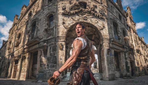 solo,short hair,open mouth,brown hair,shirt,1boy,hat,holding,brown eyes,standing,white shirt,weapon,male focus,outdoors,sky,sleeveless,day,belt,looking back,pants,sword,cloud,from behind,vest,blue sky,dutch angle,muscular,facial hair,cloudy sky,building,wristband,sheath,scenery,pouch,sheathed,city,holding clothes,scabbard,leather,ruins,arch,steampunk,looking at viewer,black hair,jewelry,cowboy shot,bracelet,mask,muscular male,fantasy,statue