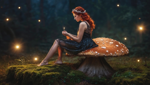 1girl,solo,long hair,dress,holding,bare shoulders,sitting,braid,flower,red hair,outdoors,barefoot,sleeveless,artist name,orange hair,blurry,black dress,from side,tree,bare arms,profile,night,sleeveless dress,depth of field,blue dress,glowing,grass,nature,light particles,forest,minigirl,head wreath,mushroom,fireflies,tree stump,log,jewelry,earrings,freckles,cigarette,realistic,fantasy,smoking,dirty,holding cigarette,dirty feet