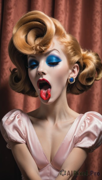 1girl,solo,breasts,short hair,open mouth,blue eyes,blonde hair,dress,cleavage,jewelry,medium breasts,collarbone,closed eyes,upper body,short sleeves,earrings,small breasts,teeth,tongue,puffy sleeves,tongue out,white dress,puffy short sleeves,eyelashes,saliva,makeup,fangs,lipstick,eyeshadow,curly hair,realistic,red lips,eyeliner,mascara,tongue piercing,oral invitation,uvula,brown hair,lips