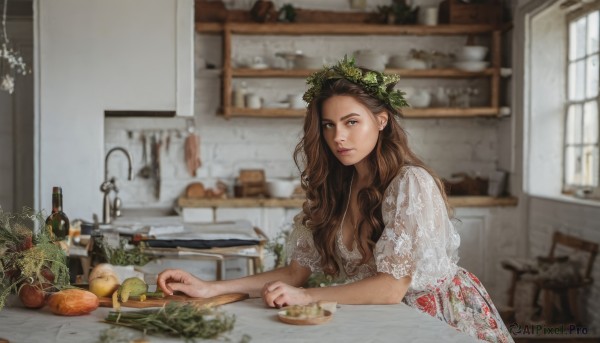 1girl,solo,long hair,breasts,looking at viewer,brown hair,dress,cleavage,brown eyes,jewelry,medium breasts,sitting,closed mouth,upper body,short sleeves,food,day,puffy sleeves,indoors,white dress,blurry,cup,puffy short sleeves,lips,see-through,window,fruit,depth of field,blurry background,wavy hair,chair,floral print,table,bottle,knife,plant,plate,drinking glass,realistic,fork,basket,head wreath,bread,kitchen,wine bottle,vegetable,tablecloth,cutting board,salad,leaning forward,lace,alcohol,onion