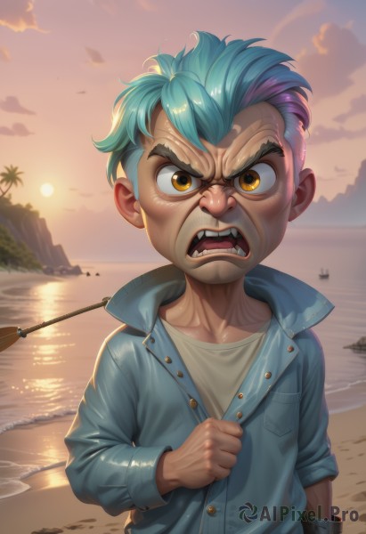 solo,looking at viewer,open mouth,shirt,1boy,brown eyes,blue hair,collarbone,jacket,yellow eyes,upper body,male focus,multicolored hair,outdoors,sky,teeth,cloud,water,tree,aqua hair,ocean,beach,aged down,clenched hand,child,angry,sunset,sand,palm tree,sun,watercraft,male child,boat,denim jacket,short hair,artist name,watermark,scar,blue jacket,mountain,lake,fishing rod,mohawk