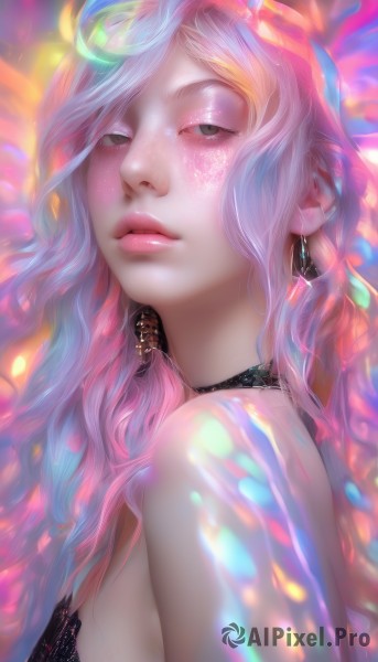 1girl,solo,long hair,breasts,looking at viewer,bare shoulders,jewelry,upper body,pink hair,multicolored hair,earrings,parted lips,choker,bra,black eyes,from side,lips,makeup,black choker,eyeshadow,freckles,realistic,nose,eyelashes,wavy hair