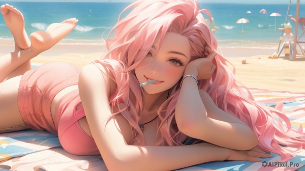 1girl,solo,long hair,breasts,looking at viewer,blush,smile,bangs,blue eyes,multiple girls,large breasts,cleavage,bare shoulders,jewelry,swimsuit,pink hair,ass,bikini,outdoors,lying,parted lips,one eye closed,food,shorts,barefoot,teeth,solo focus,day,water,necklace,grin,bracelet,feet,lips,legs,grey eyes,short shorts,bare legs,toes,ocean,umbrella,wavy hair,beach,soles,on stomach,towel,sand,pink bikini,beach umbrella,feet up,the pose,pink shorts,beach towel,1boy,holding,2girls,brown eyes,thighs,sky,midriff,hair over one eye,blue sky,crop top,bare arms,eyelashes,mouth hold,legs up,hand in own hair,head rest,adjusting hair,crossed ankles