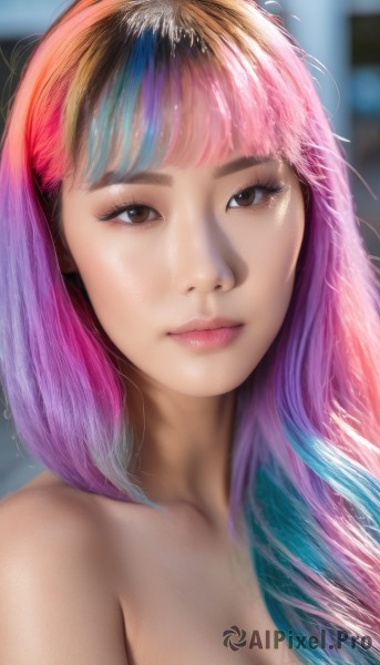 1girl,solo,long hair,breasts,looking at viewer,bangs,brown hair,cleavage,bare shoulders,brown eyes,medium breasts,closed mouth,blue hair,collarbone,upper body,pink hair,nude,multicolored hair,blunt bangs,blurry,two-tone hair,lips,eyelashes,gradient hair,makeup,blurry background,portrait,realistic,nose,rainbow hair,artist name,depth of field,watermark