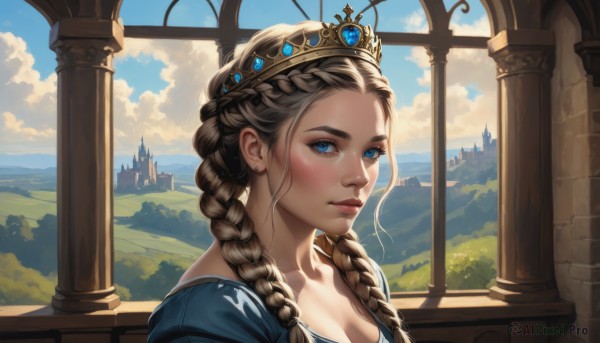 1girl,solo,long hair,breasts,looking at viewer,blush,smile,blue eyes,blonde hair,brown hair,dress,cleavage,jewelry,medium breasts,closed mouth,collarbone,upper body,braid,earrings,outdoors,sky,day,artist name,cloud,indoors,twin braids,from side,blue sky,lips,eyelashes,window,blue dress,cloudy sky,tiara,crown,building,portrait,scenery,hair over shoulder,mountain,nose,fantasy,pillar,castle,princess,bangs,twintails,makeup,sunlight,light smile,gem,backlighting,freckles,pink lips,realistic,hair behind ear,architecture,tower,landscape,lake,blue gemstone,arch