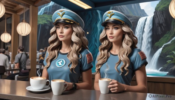 long hair,breasts,looking at viewer,smile,blue eyes,multiple girls,blonde hair,shirt,hat,holding,2girls,brown eyes,sitting,short sleeves,multiple boys,indoors,water,uniform,cup,lips,wavy hair,chair,table,blue shirt,steam,peaked cap,holding cup,teacup,watch,mug,realistic,wristwatch,police,saucer,coffee,police uniform,waterfall,coffee mug,policewoman,restaurant,solo focus,grey eyes,sportswear,soccer uniform