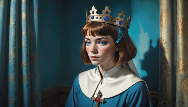 1girl,solo,looking at viewer,short hair,bangs,blue eyes,brown hair,hair ornament,dress,jewelry,upper body,parted lips,indoors,necklace,lips,blue dress,cross,crown,curtains,freckles,nose,closed mouth,parody,portrait,realistic,nun