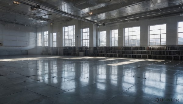 day,indoors,water,no humans,window,sunlight,scenery,reflection,light rays,stairs,door,railing,tiles,light,sunbeam,tile floor,ceiling,hallway,ceiling light,reflective floor,building,rain,school,puddle