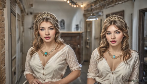 1girl,long hair,breasts,looking at viewer,smile,blue eyes,blonde hair,brown hair,shirt,dress,cleavage,jewelry,medium breasts,upper body,earrings,indoors,necklace,white dress,blurry,lips,grey eyes,makeup,tiara,lipstick,reflection,mirror,realistic,multiple girls,2girls,parted lips,crown