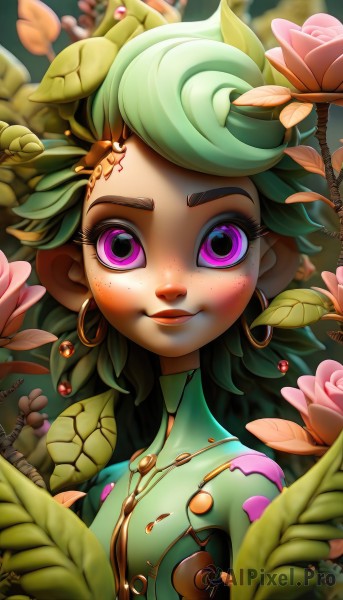 1girl,solo,looking at viewer,smile,short hair,hair ornament,jewelry,purple eyes,upper body,flower,earrings,parted lips,green hair,artist name,signature,pink eyes,necklace,blurry,lips,eyelashes,makeup,depth of field,rose,animal,leaf,watermark,bug,plant,lipstick,monster girl,web address,pink flower,eyeshadow,freckles,hoop earrings,pink rose,ladybug,hair flower,colored skin,green skin,plant girl